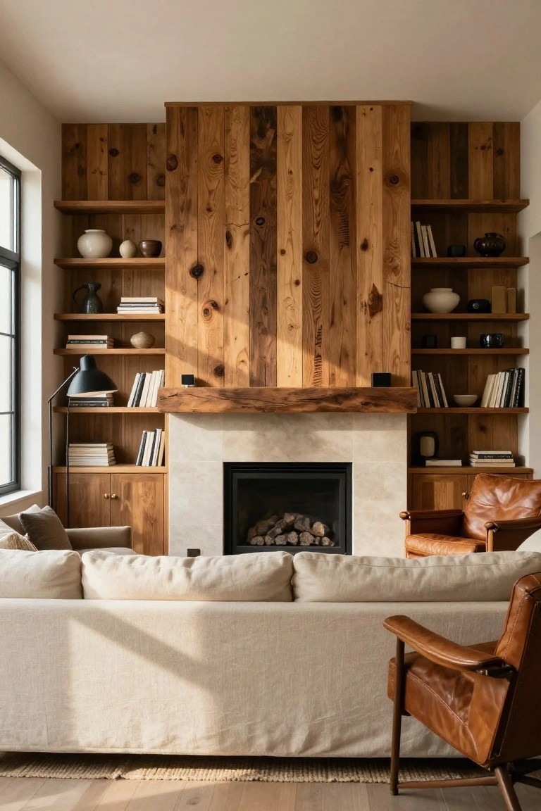 A living room featuring a tall reclaimed wood accent wall with a central fireplace, built-in shelves on either side, and a light-colored sofa in the foreground.