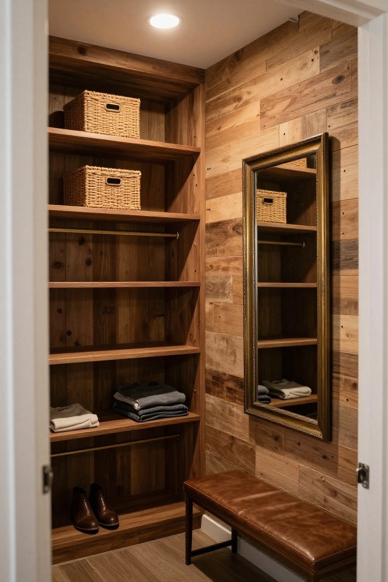 Interior view of a walk-in closet lined with vertical reclaimed wood planks, featuring built-in wooden shelves, a brown leather bench, and a large framed mirror on one wall.