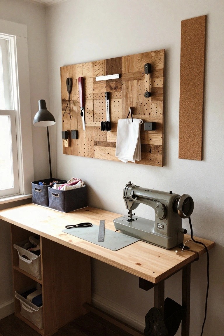 Vintage sewing machine on wooden desk below tool-filled pegboard with storage bins nearby