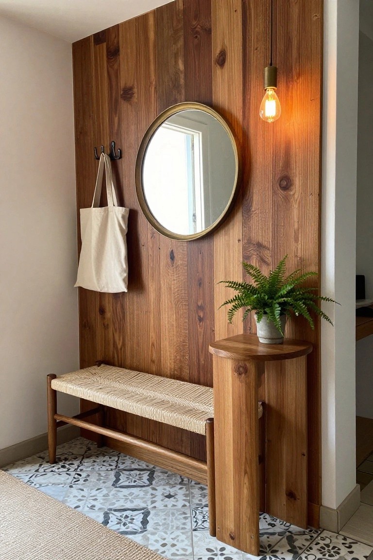 Vertical reclaimed wood accent wall in an entry with round mirror, black hooks holding a tote bag, woven bench, small wooden side table with fern plant, and patterned tile floor.