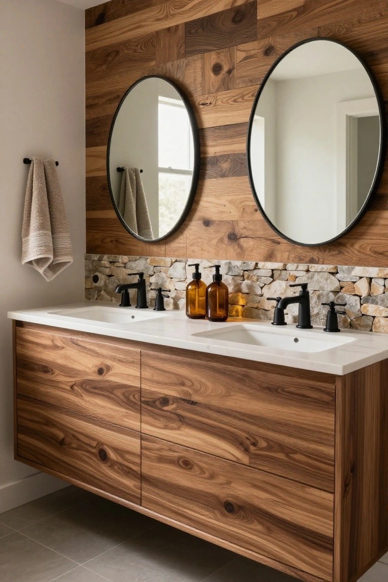A bathroom double vanity with a reclaimed wood accent wall above a stone backsplash, two round mirrors, and black faucets.