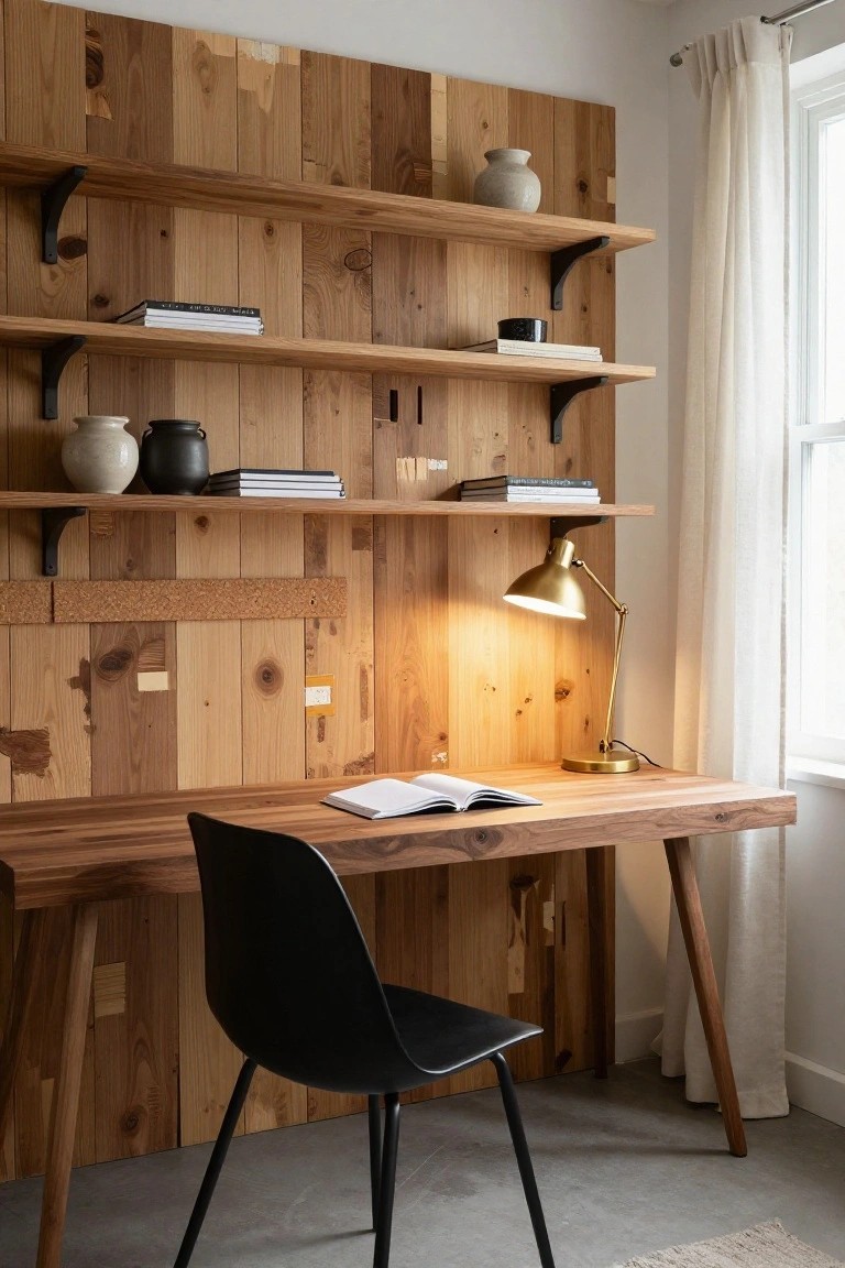 A reclaimed wood accent wall with black metal brackets supporting floating shelves above a wooden desk with an open book and brass desk lamp.