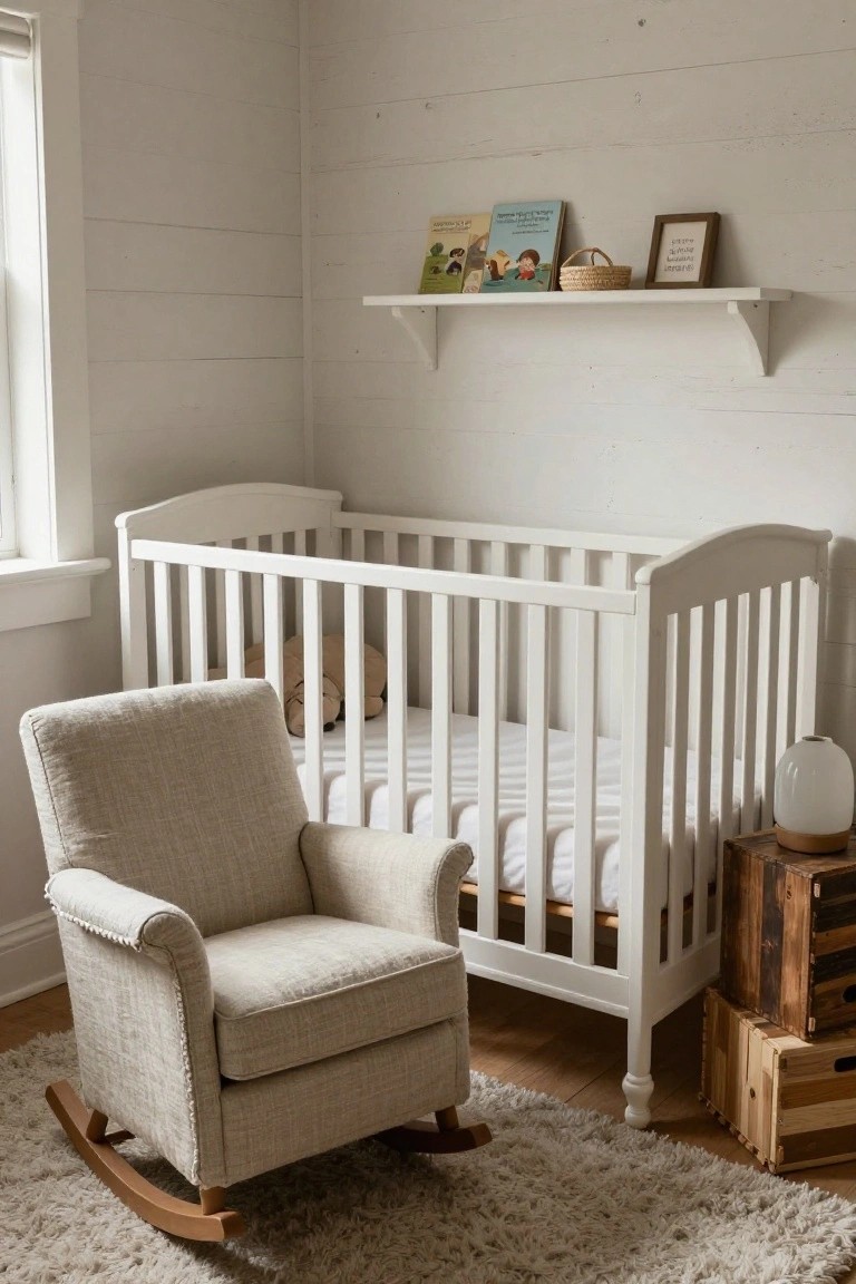 A white nursery corner with a rocking chair, crib, and two stacked wooden crates holding a lamp.