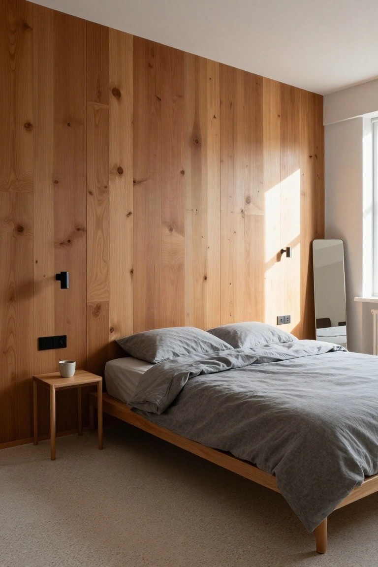 A bedroom with a full-height vertical wood accent wall behind a bed dressed in gray linens, next to a small wooden nightstand holding a cup.