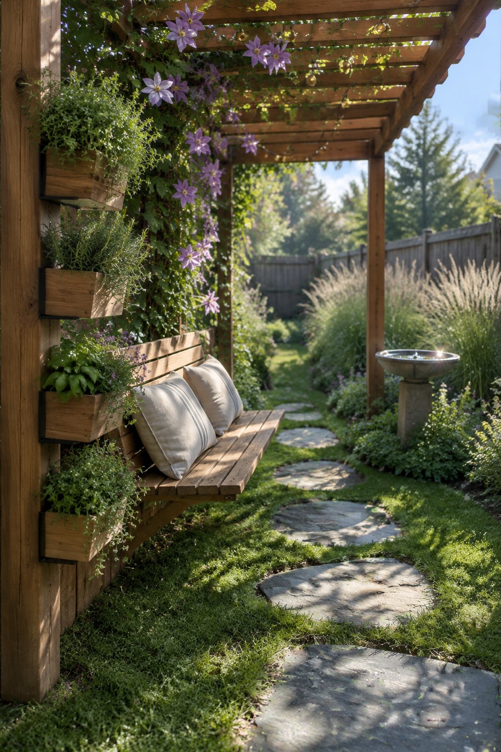 A wooden garden pergola covered with purple climbing flowers, featuring a built-in bench with cushions and wall-mounted wooden planters along a stone pathway.