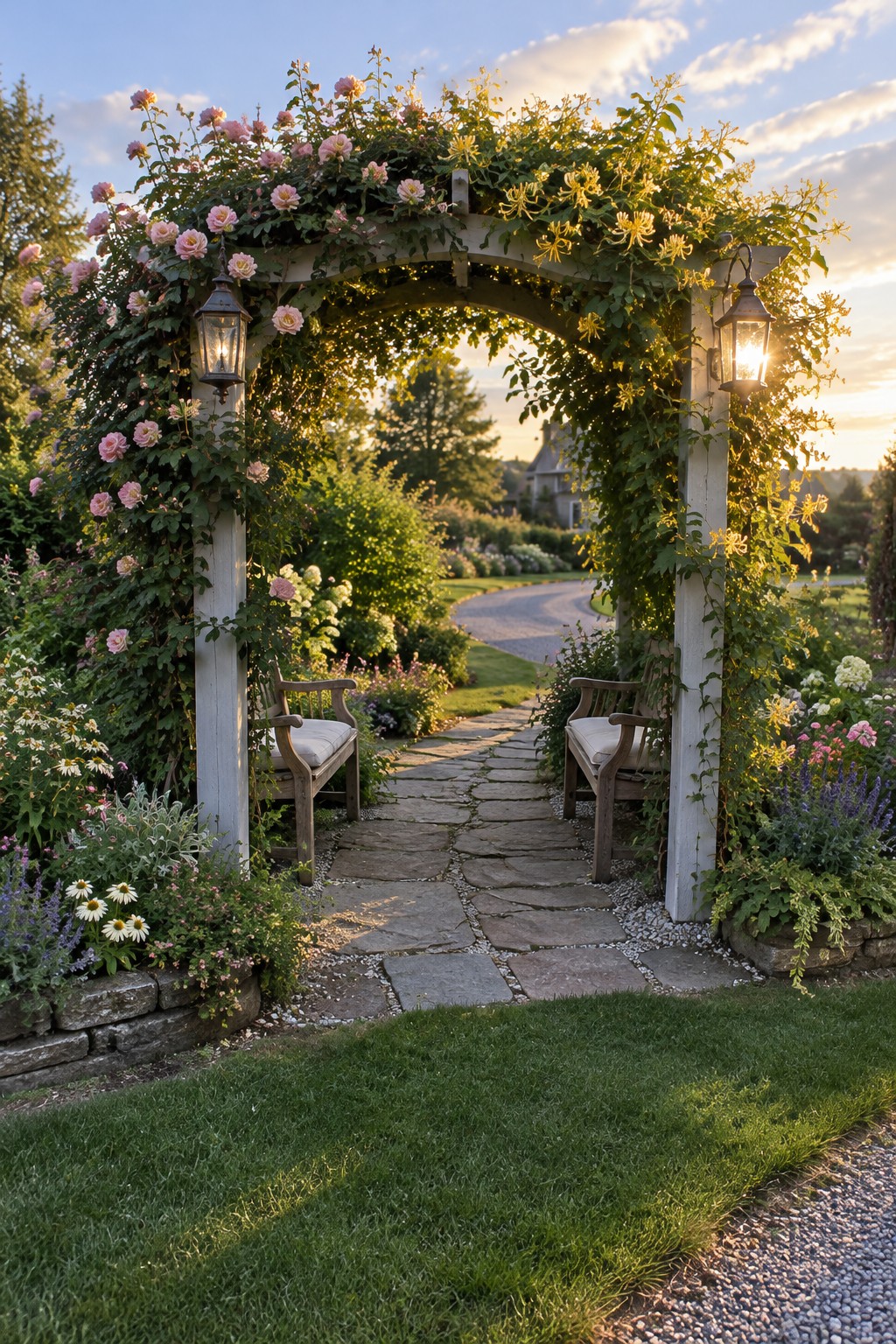 A wooden pergola covered in pink roses and yellow vines arches over a stone path with benches on both sides in a garden.