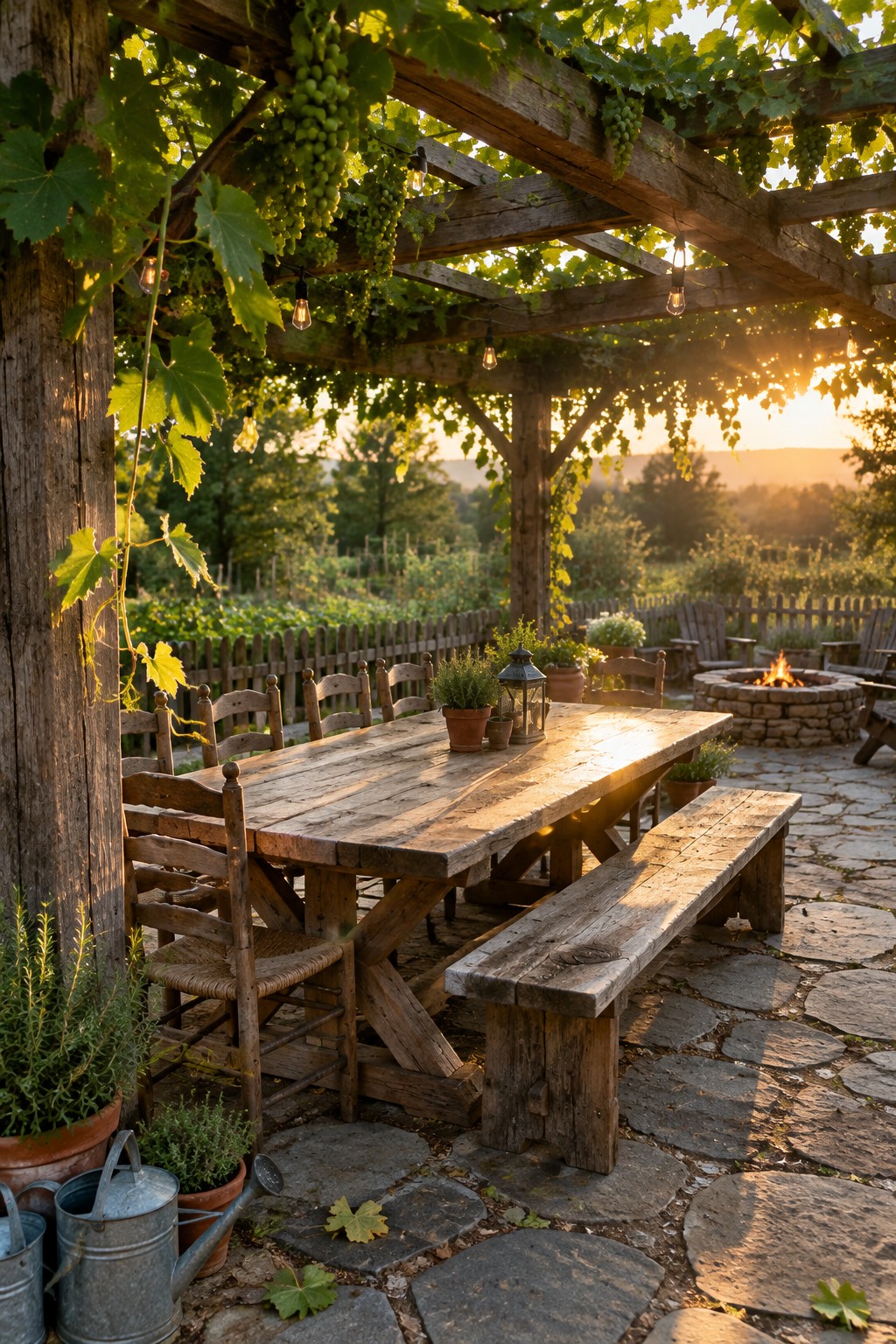 A rustic wooden pergola covered in grapevines shelters a long wooden dining table and bench on a stone patio, with a fire pit visible in the background.