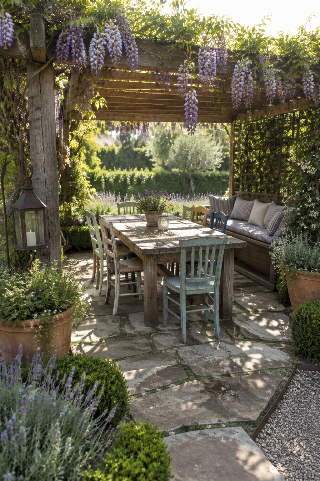 Wooden pergola covered in purple wisteria vines over a stone patio with a dining table, chairs, and built-in bench.