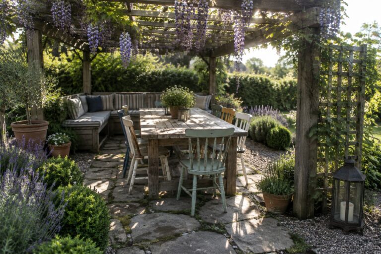 Wooden pergola covered in purple wisteria vines over a stone patio with a dining table, chairs, and built-in bench.