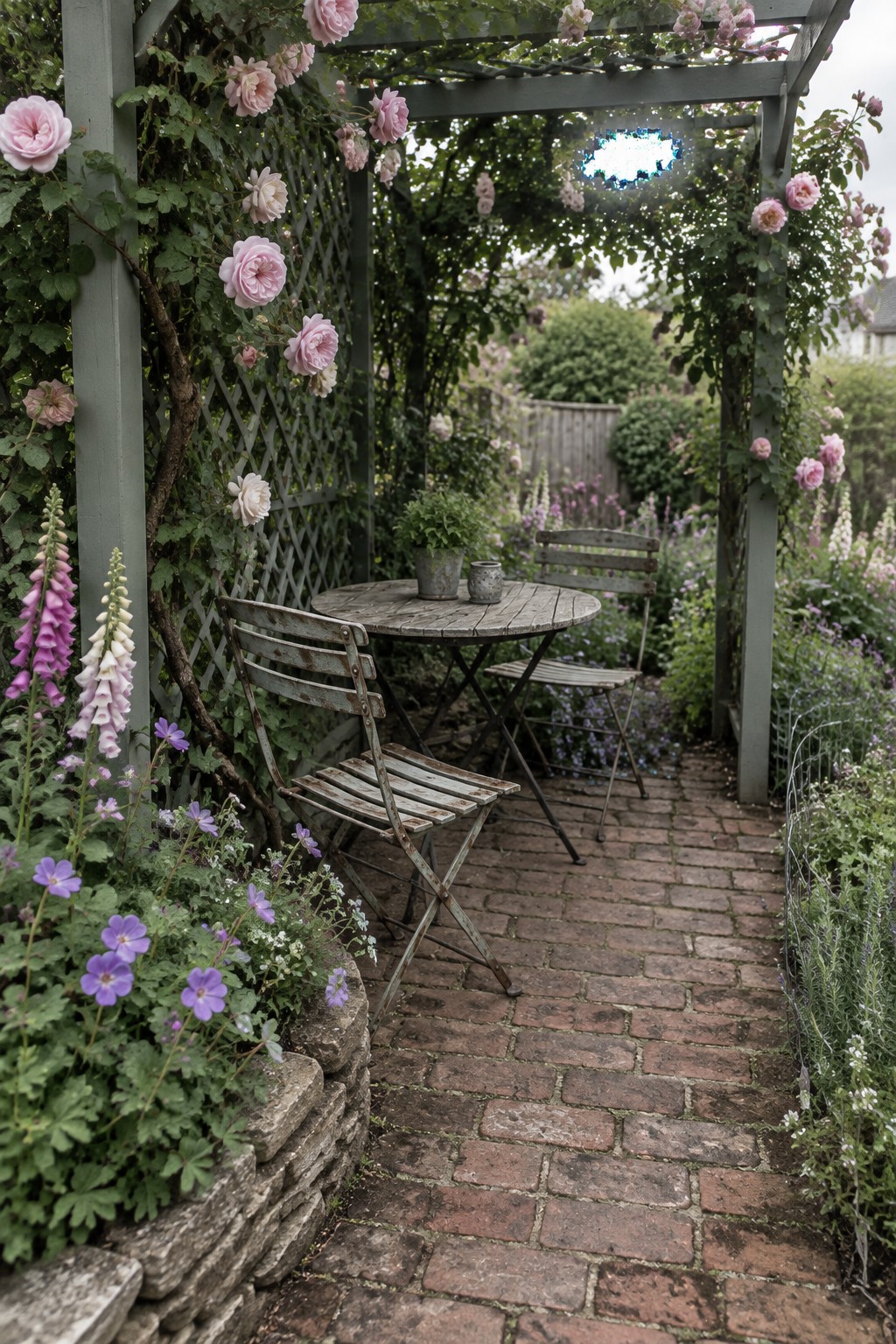 A wooden pergola covered in pink climbing roses spans a brick garden path with a weathered table and chairs placed underneath.