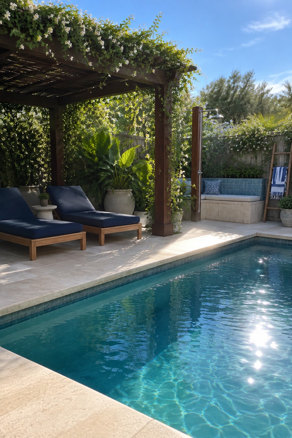A backyard pool area with a wooden pergola covered in white flowering vines and two blue lounge chairs on the stone patio.
