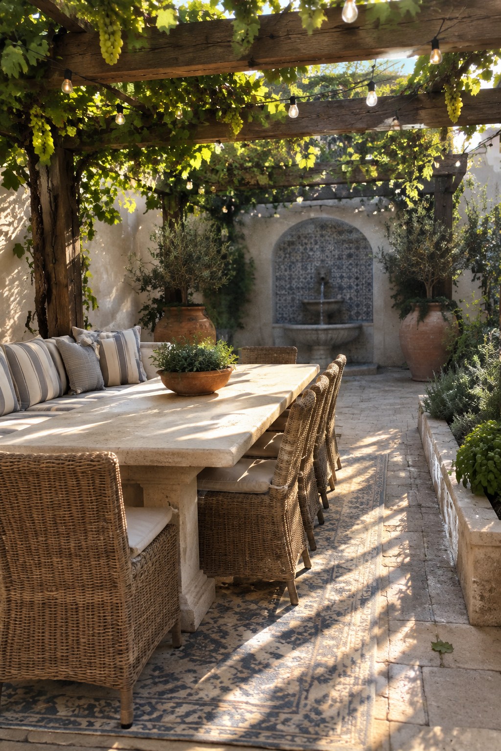 A wooden pergola covered in grapevines shades a long stone dining table surrounded by woven chairs on a brick patio, with string lights strung across the beams and a tiled fountain in the background.