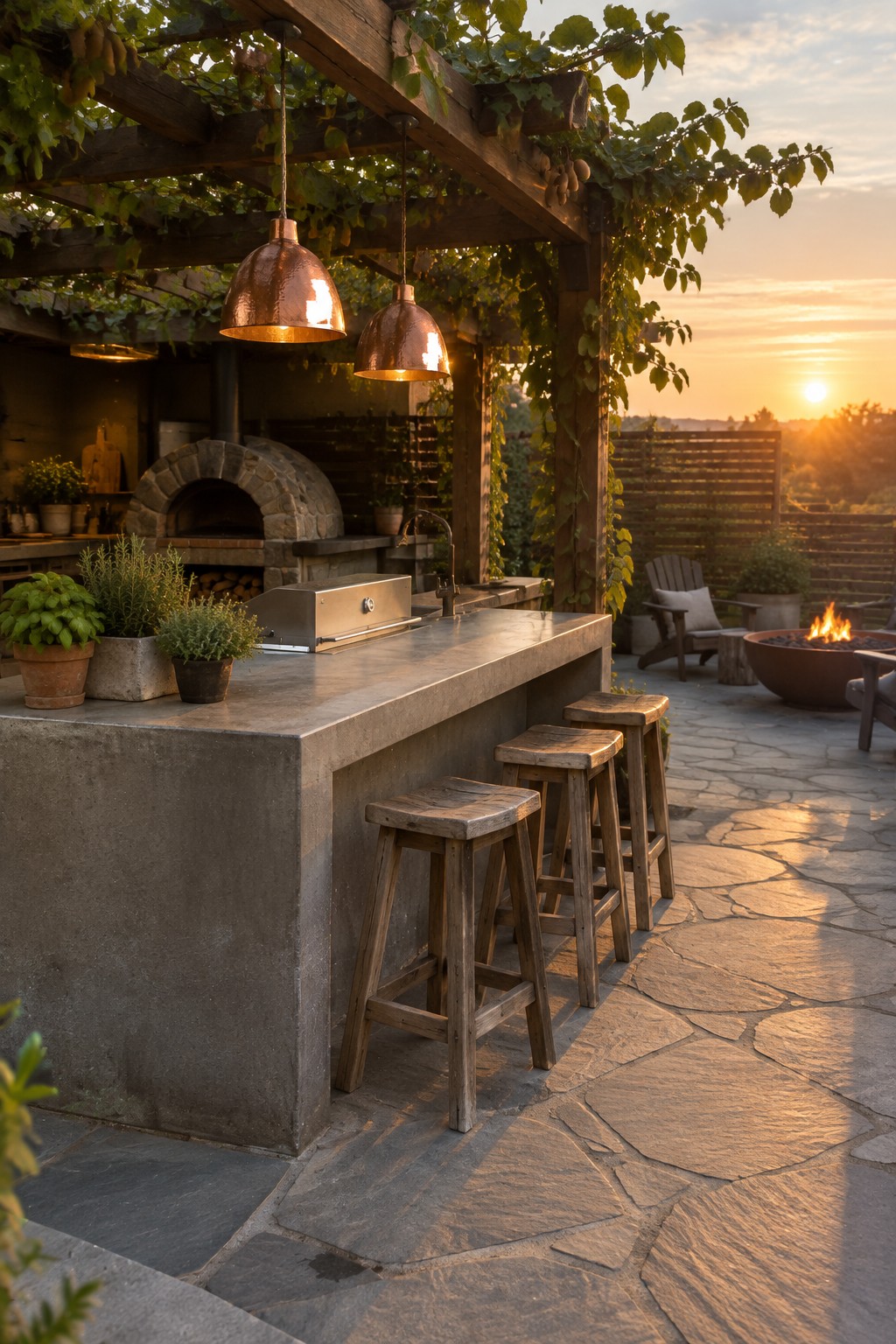 Outdoor kitchen bar with concrete counter, wooden stools, copper lights under vine pergola at sunset