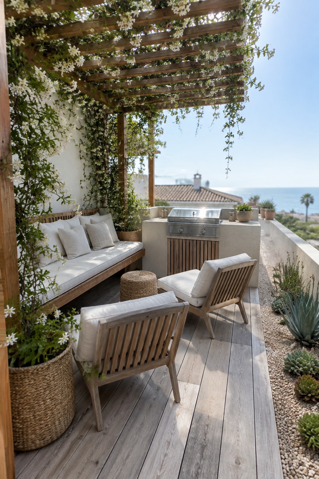 A wooden pergola draped in white flowering vines shades a cushioned wooden bench on a deck beside a concrete outdoor kitchen with ocean view in the background.