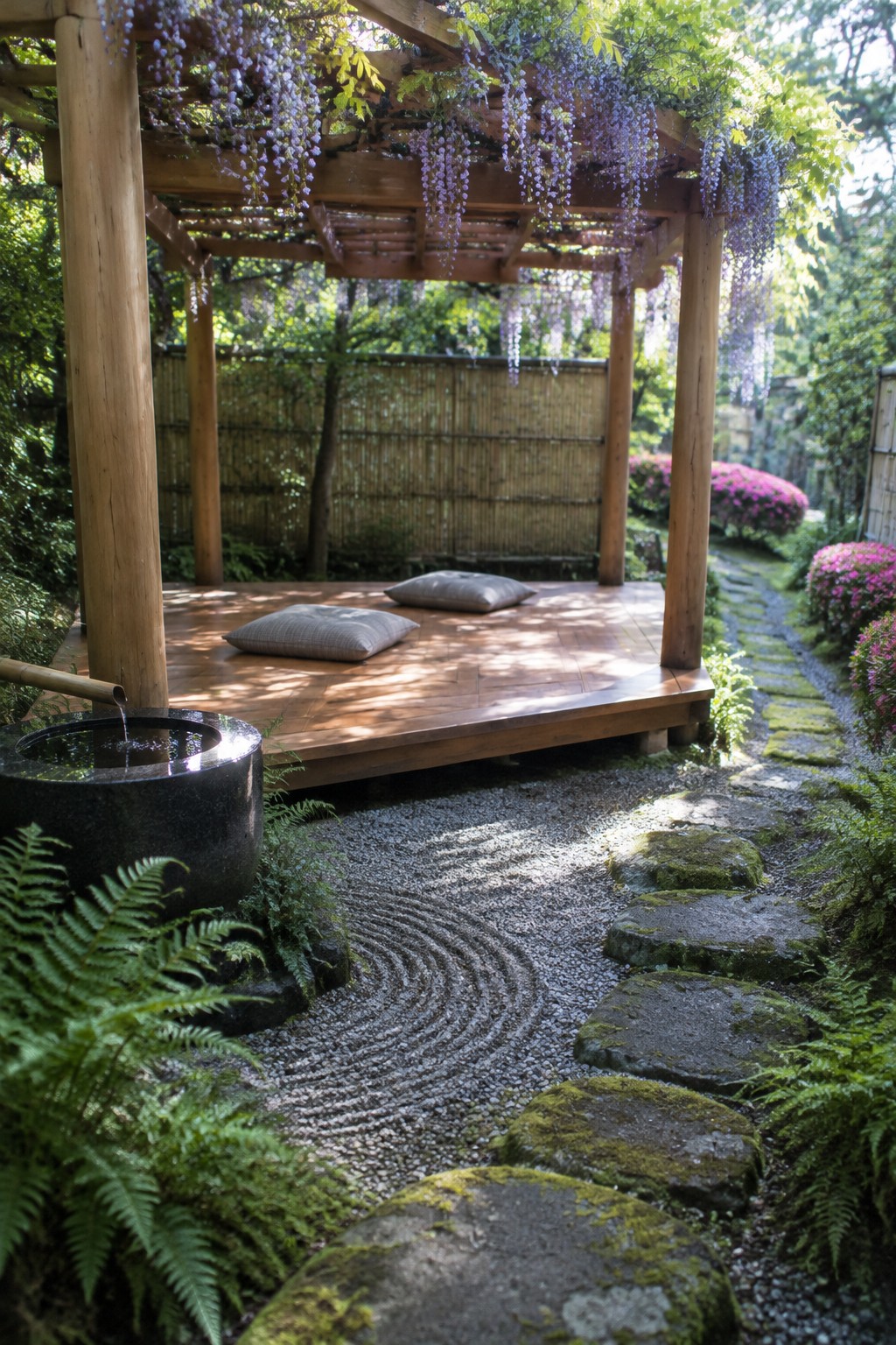 A wooden pergola draped in purple wisteria stands over a raised deck with two cushions, beside a raked gravel garden with stepping stones and a stone water basin.