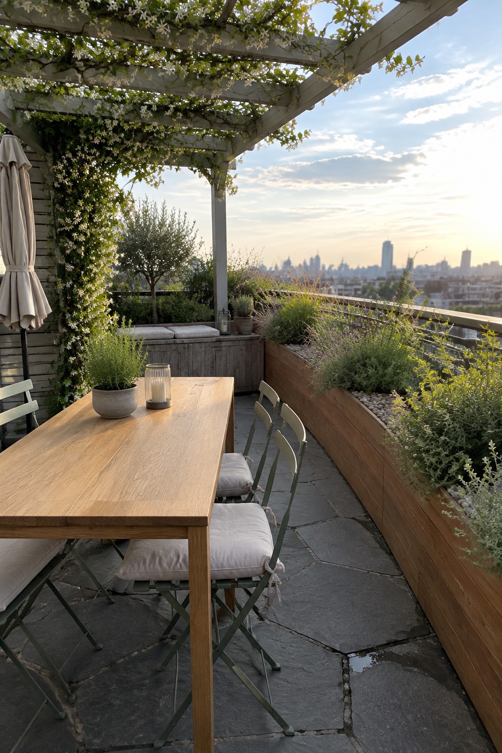 Wooden table and green chairs on rooftop terrace under vine-covered pergola with city skyline.