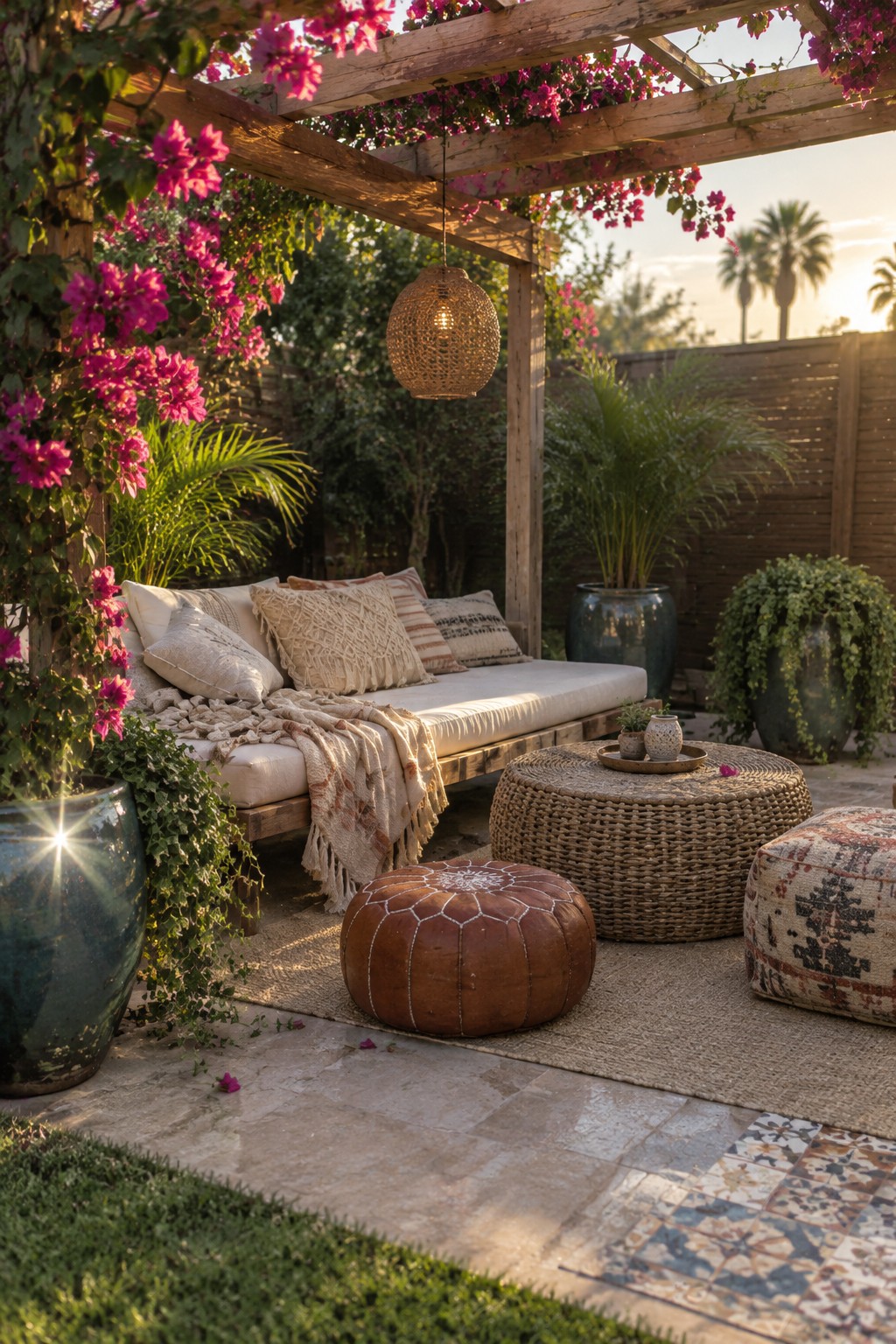 Wooden pergola draped in pink flowering vines above an outdoor seating area with cushions, poufs, and woven tables on a stone patio.