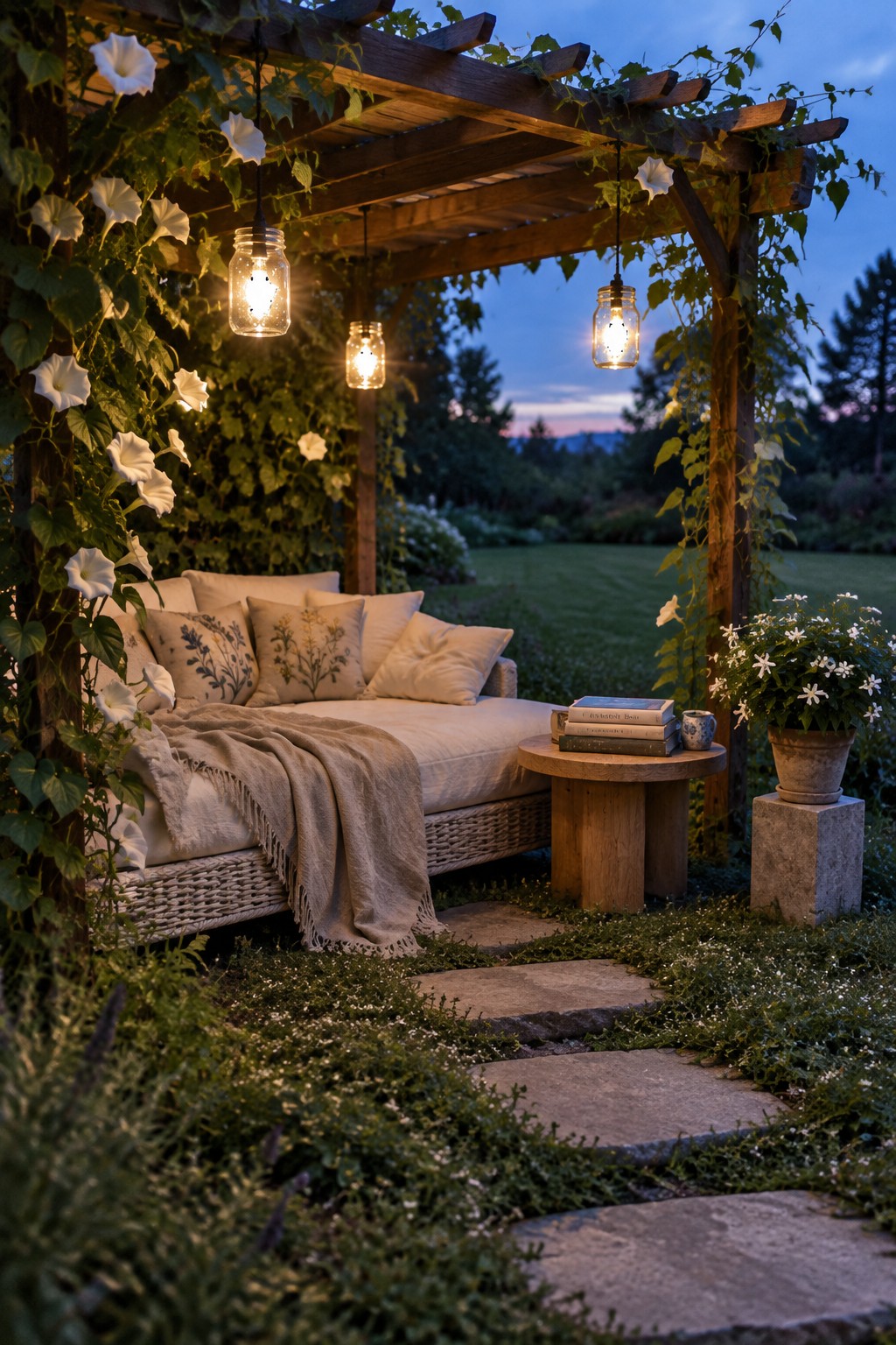 Cozy garden nook with white daybed under vine-covered pergola and glowing mason jar lights