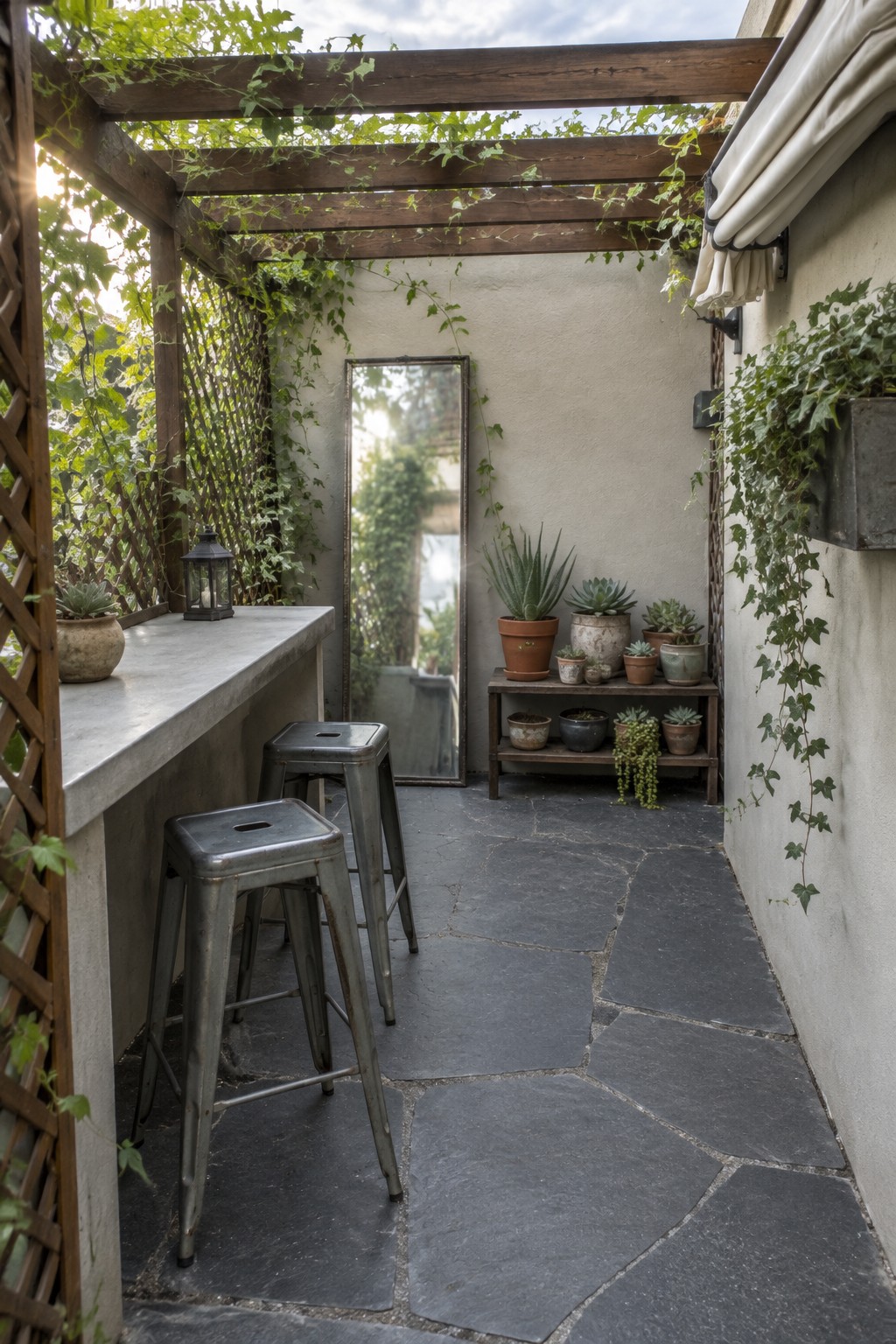 A wooden pergola with climbing vines over a stone patio featuring metal stools, a concrete counter, and potted succulents against a stucco wall.