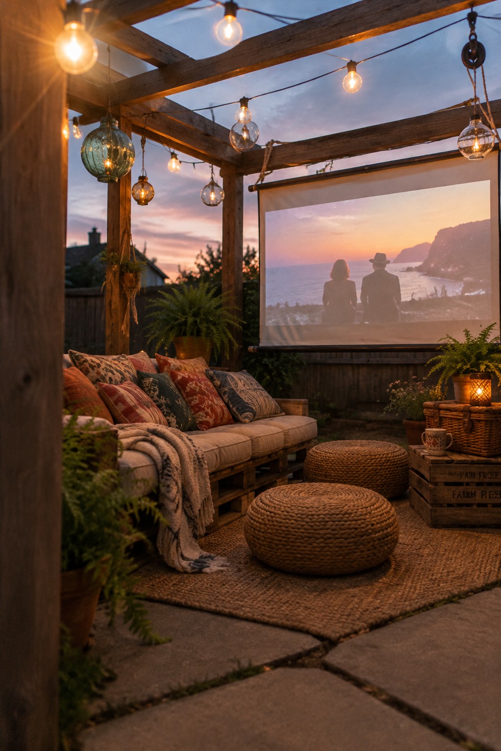 A wooden pergola with string lights and lanterns over an outdoor seating area with cushions, woven poufs, potted plants, and a projector screen showing a sunset by the ocean.