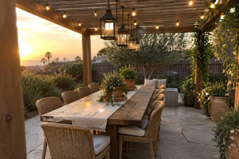 18 Dreamy Wooden Pergola Ideas Using String Lights and Lanterns A wooden pergola with string lights and hanging lanterns over a long dining table with wicker chairs on a stone patio at sunset.