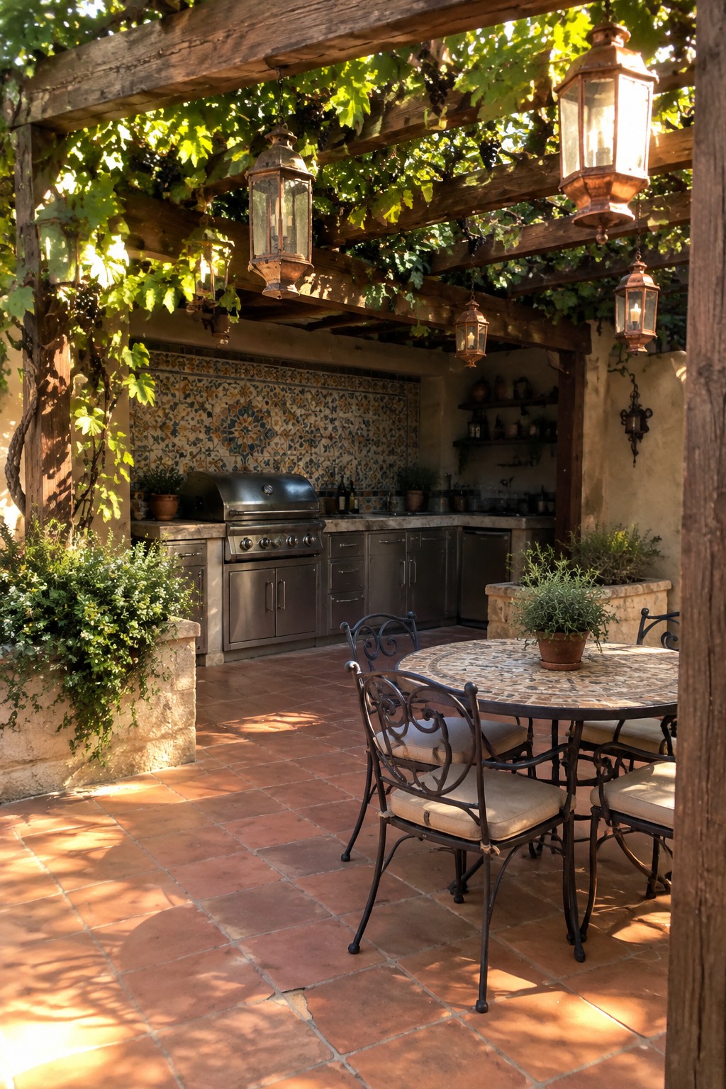 A wooden pergola strung with several hanging lanterns shades an outdoor kitchen and a round mosaic dining table with metal chairs on a terracotta tile patio.