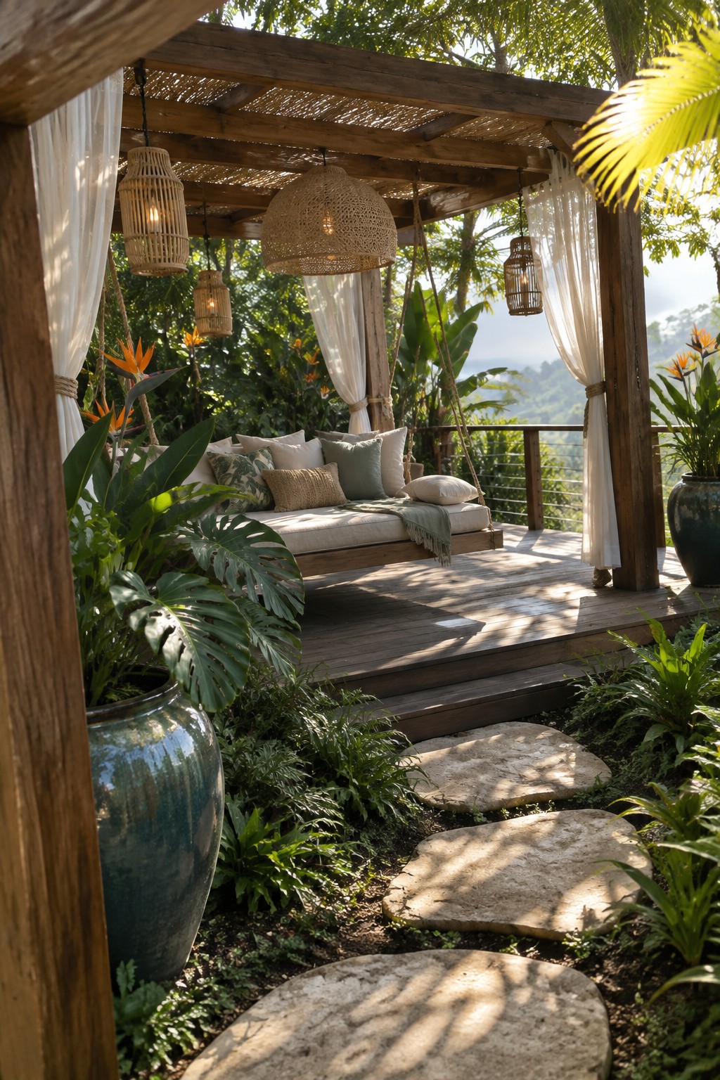 A wooden pergola with a suspended daybed, multiple hanging woven lanterns, white curtains, and surrounding tropical plants on a deck with stone steps.