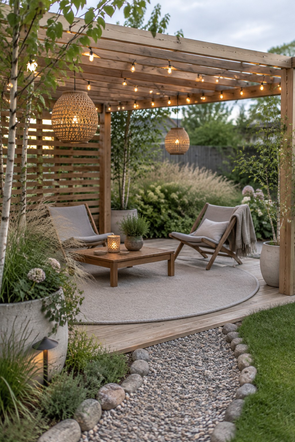 A wooden pergola with string lights along the beams and two woven lanterns hanging above two lounge chairs on a round rug, next to a low wooden table.