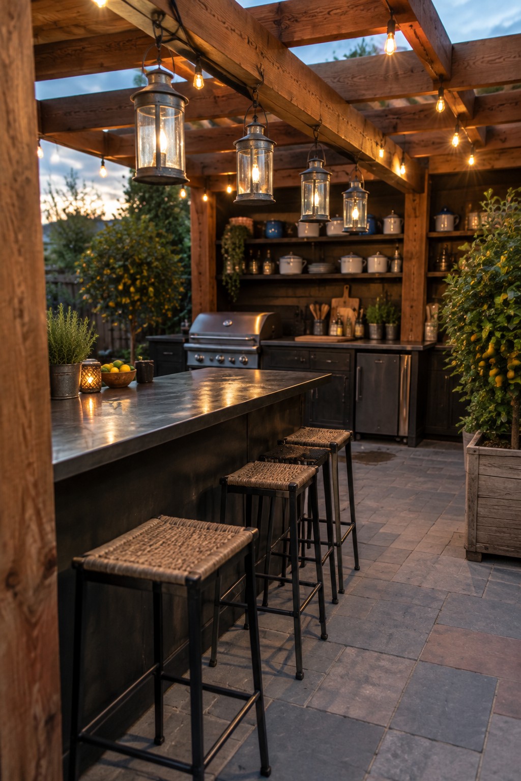 Rustic outdoor bar with metal counter, woven stools, lanterns, and string lights at dusk