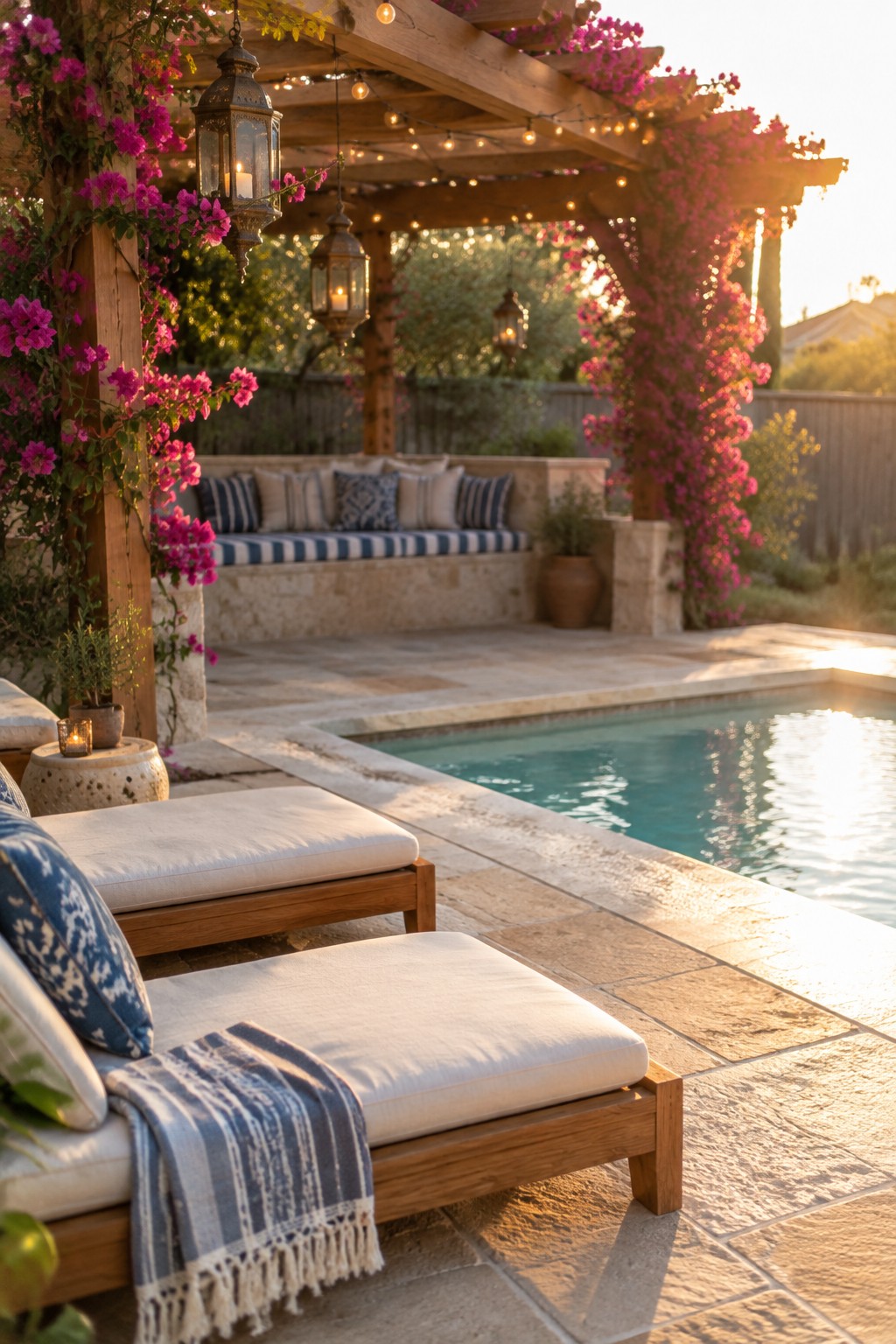 Stone patio with pool, wooden lounge chairs, pink bougainvillea, and lantern-lit pergola at sunset