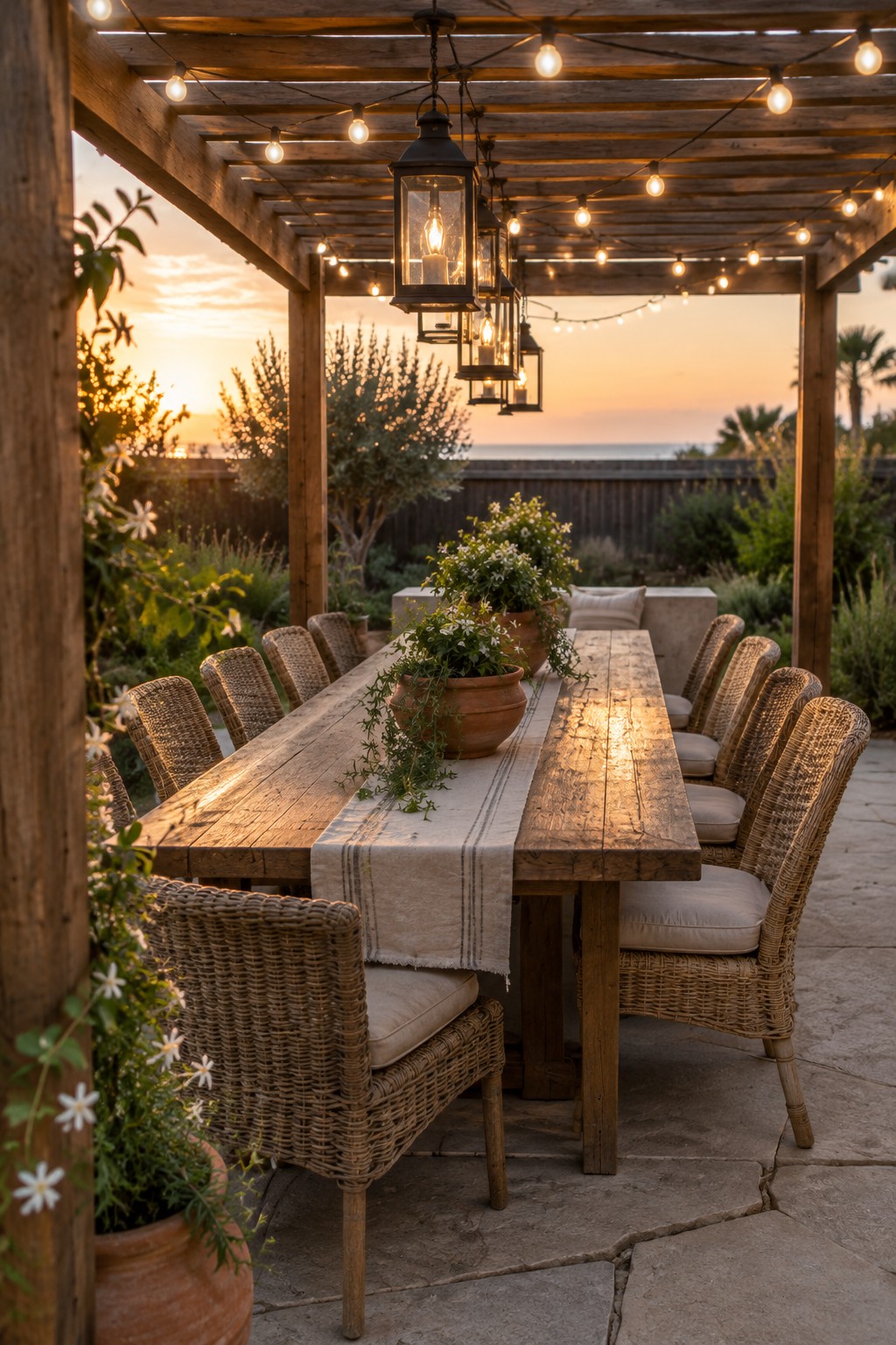 A wooden pergola with string lights and hanging lanterns over a long dining table with wicker chairs on a stone patio at sunset.