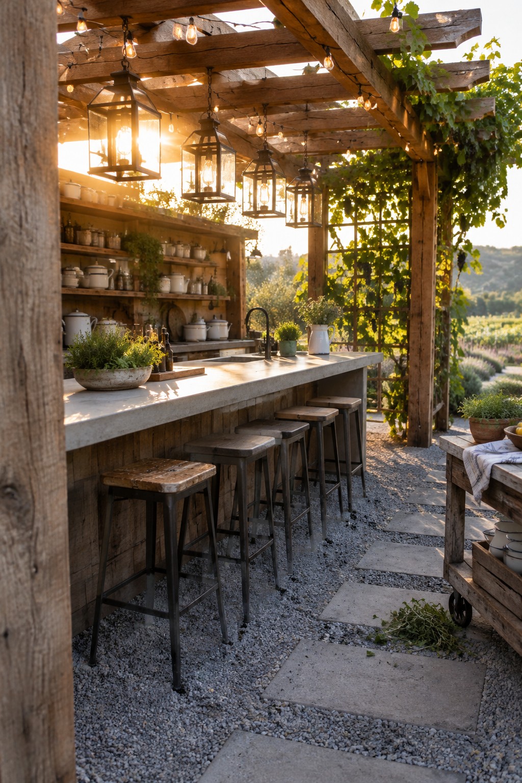A wooden pergola strung with lights and lanterns covers a long concrete bar counter with four wooden stools on a gravel and stone patio.