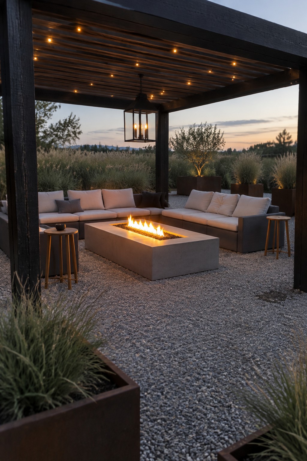 A wooden pergola with string lights strung across the beams and a black lantern hanging above a rectangular concrete fire pit, surrounded by cushioned outdoor sofas on gravel.