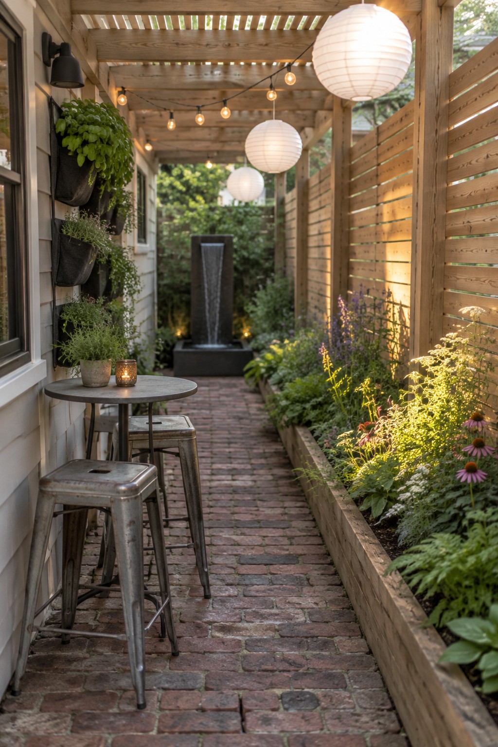 A wooden pergola covers a brick pathway with metal stools and a round table on the left, string lights and white paper lanterns hanging from the beams, and a water fountain visible in the distance.