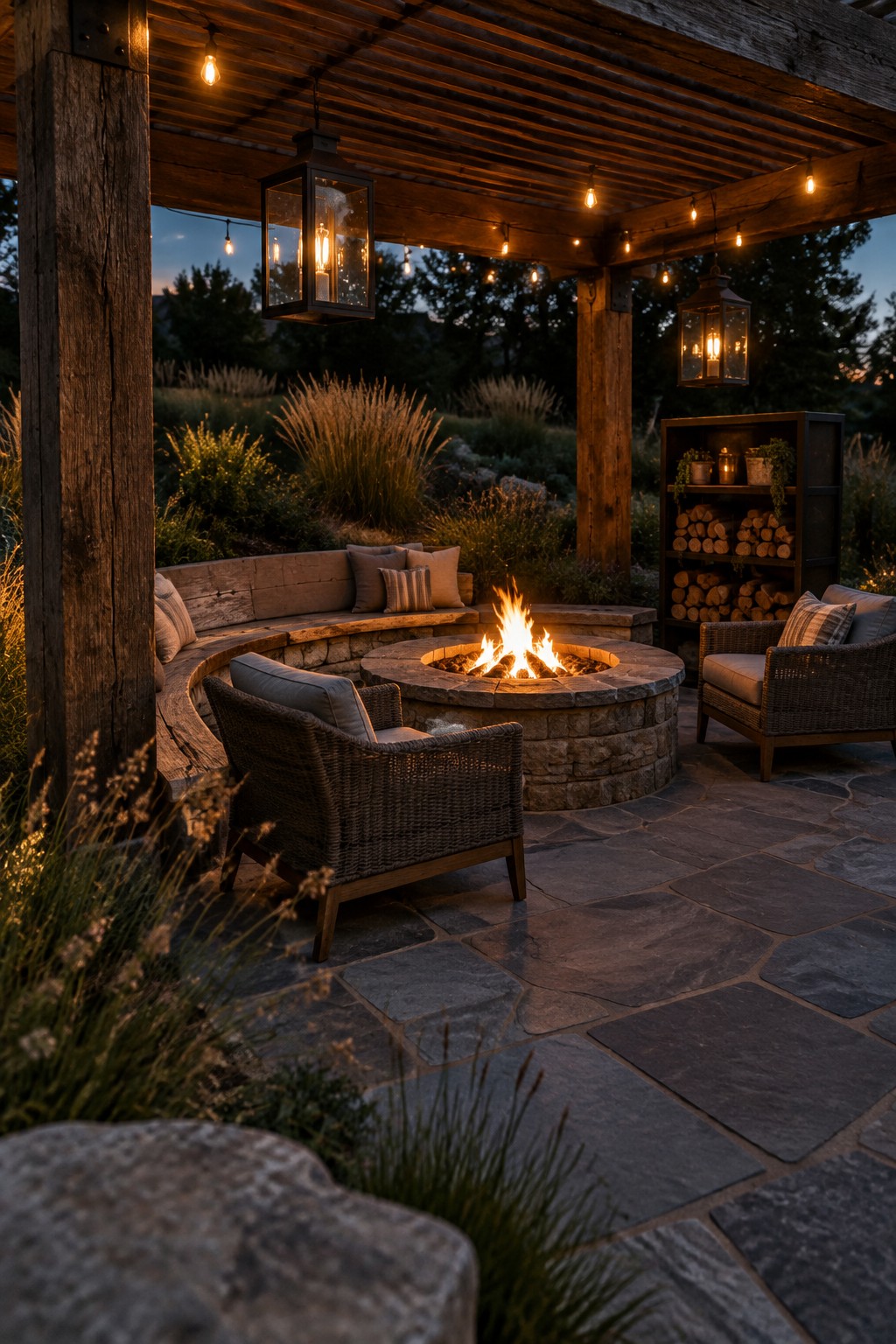 A wooden pergola strung with lights and hung with lanterns over a round stone fire pit, surrounded by wicker chairs and a curved bench on a flagstone patio at dusk.