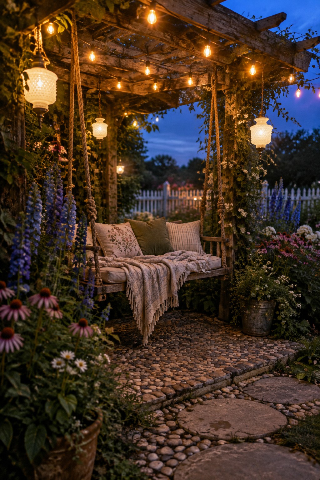 A wooden pergola with a hanging swing, string lights, and two glass lanterns at dusk, surrounded by flowers and a cobblestone path.