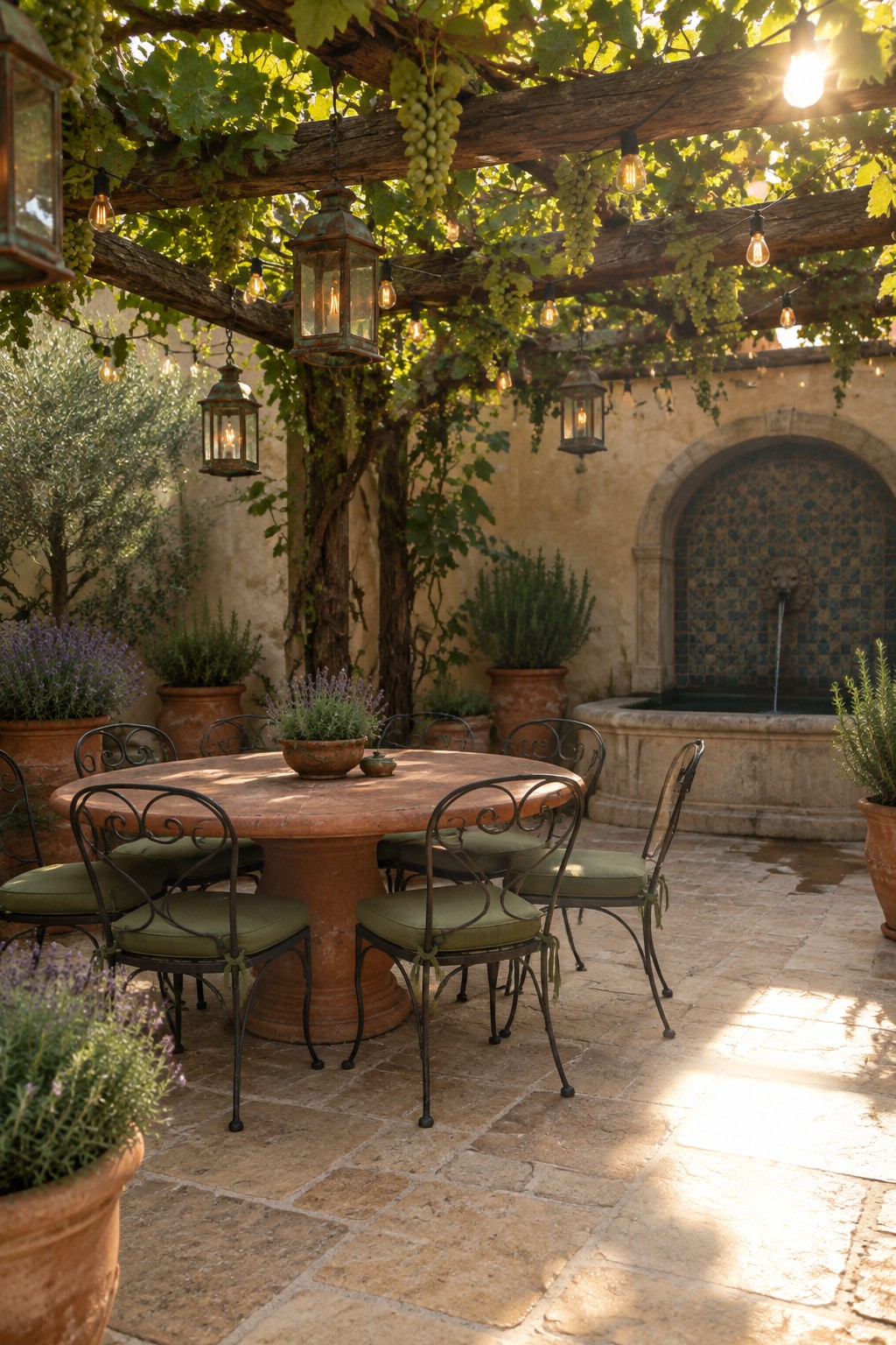 Sunlit stone courtyard with terracotta table, green chairs, lanterns, grapevines, and fountain.