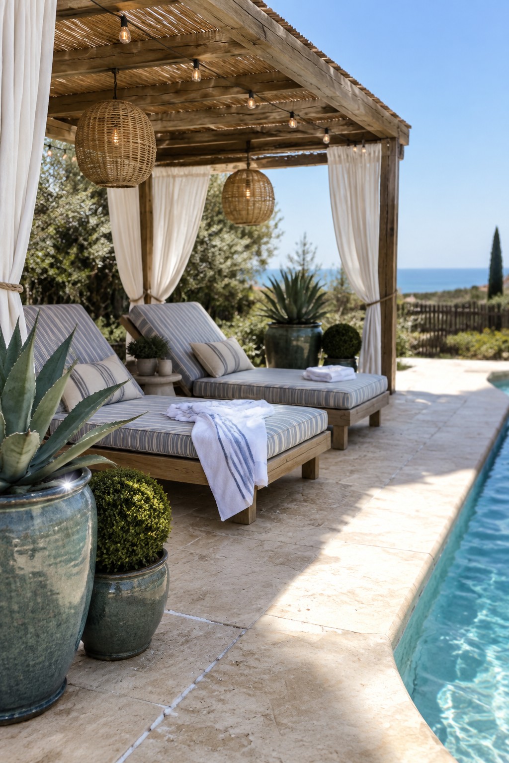 Wooden pergola with lanterns over striped lounge chairs beside pool with ocean view