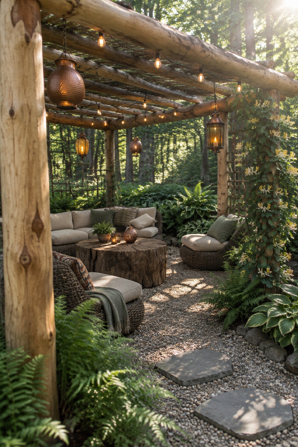 A wooden pergola strung with lights and hanging lanterns over wicker seating on a gravel surface surrounded by trees and plants.