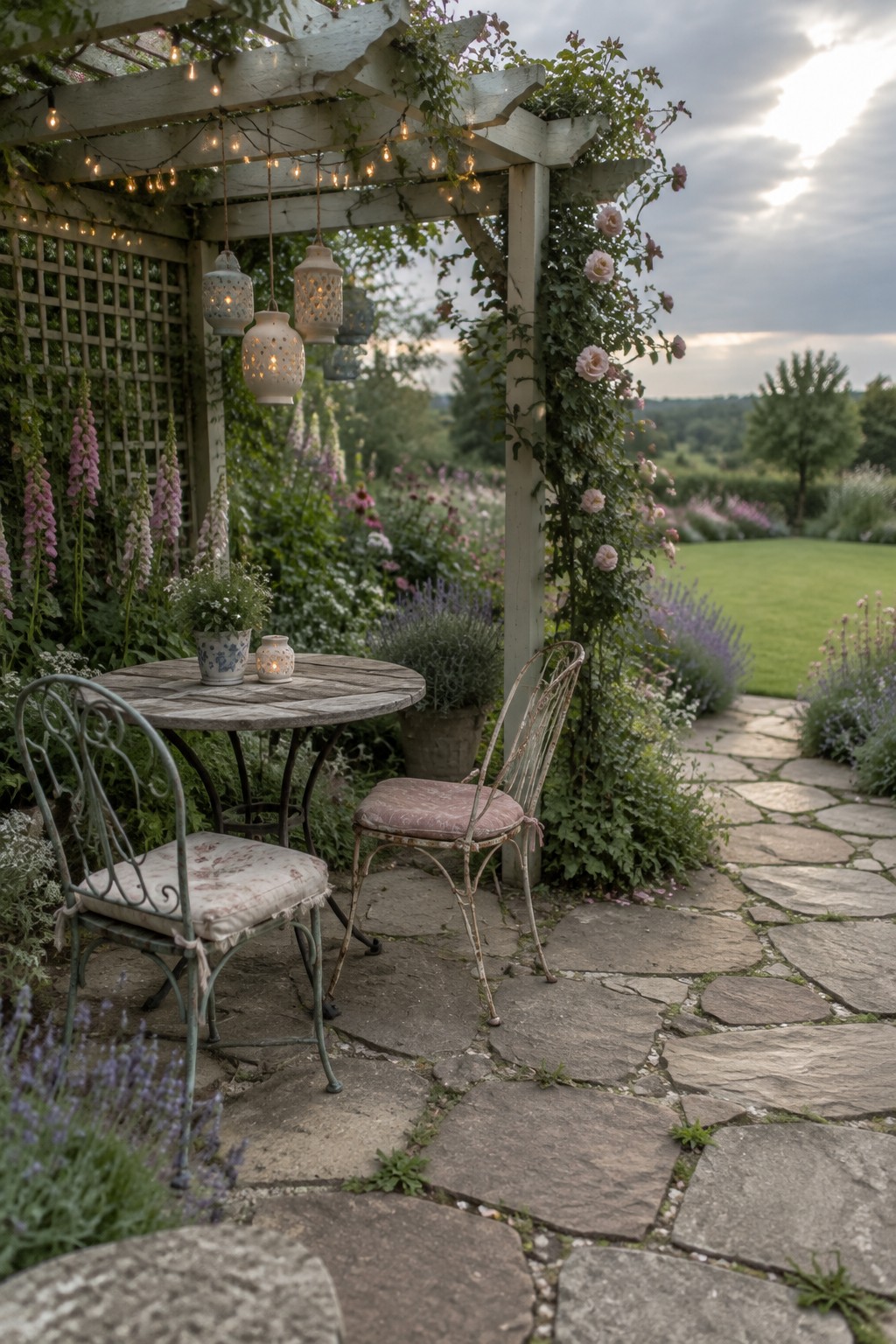 A wooden pergola with string lights and hanging lanterns over a round table and two chairs on a stone patio next to a garden.