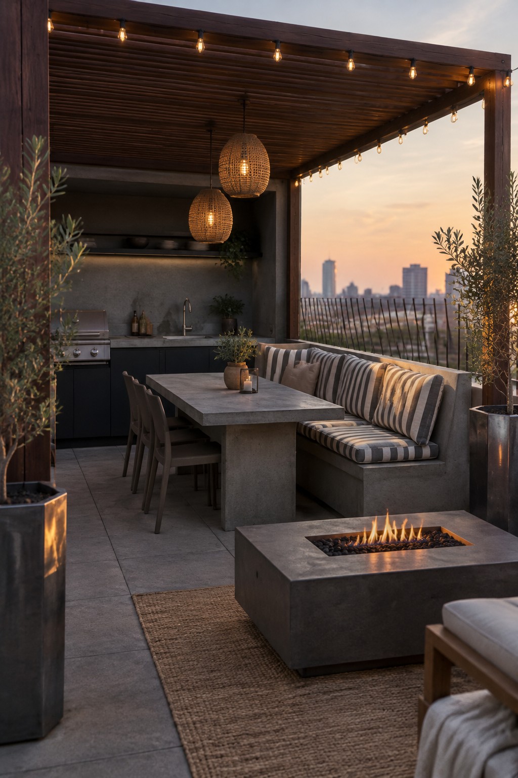 A wooden pergola with string lights over a concrete patio that includes a dining table, built-in striped seating, a fire pit, and a city skyline view at dusk.