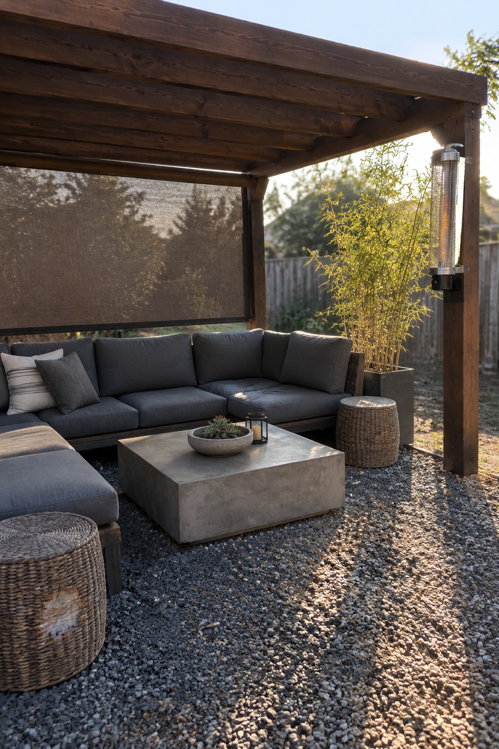 Wooden pergola with gray sectional sofa, concrete coffee table, and gravel ground, plus an outdoor heater on the right side.