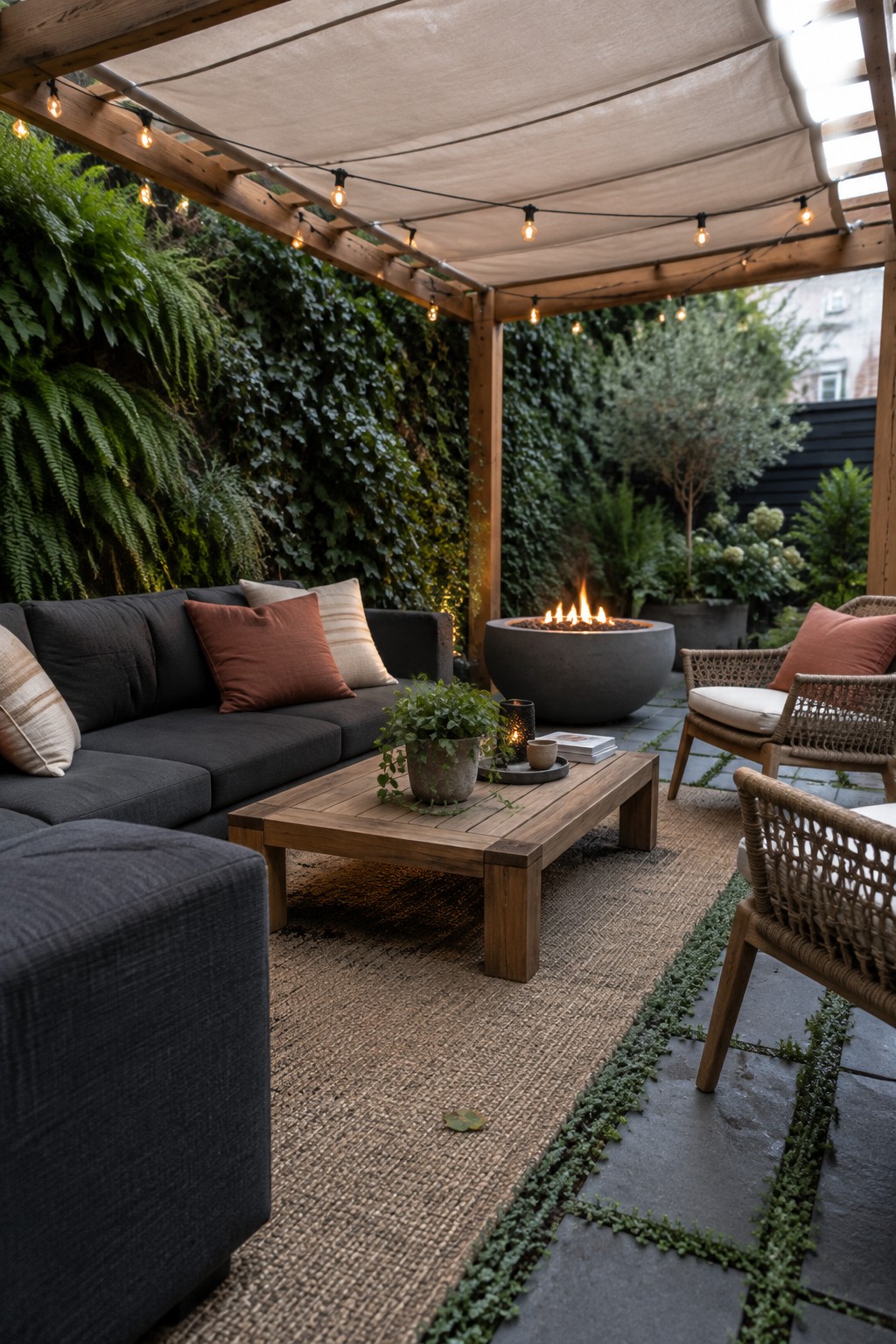 A wooden pergola with fabric canopy and string lights covers an outdoor seating area that includes a dark sectional sofa, wooden coffee table, round fire pit, and woven chairs arranged on a rug over stone pavers beside a living wall.