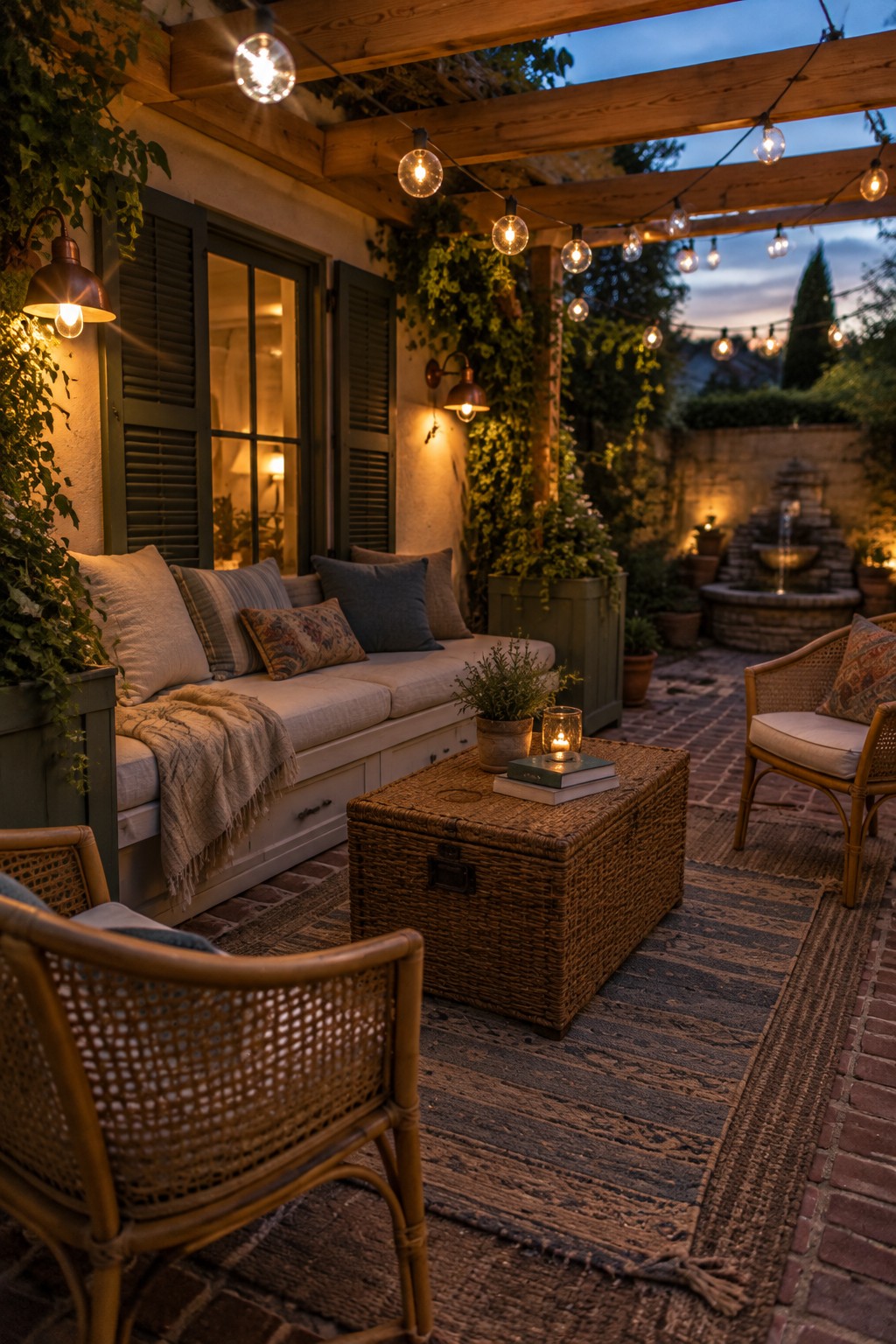 A wooden pergola strung with lights over a brick courtyard patio that includes a cushioned bench, wicker chairs, a woven trunk, and a stone fountain in the background at dusk.