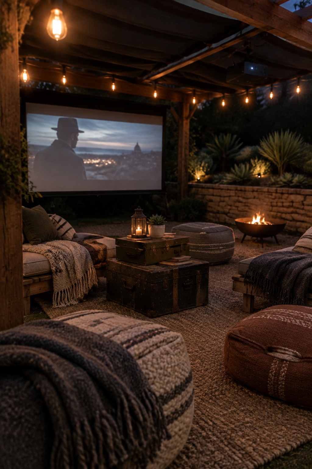 Cozy outdoor cinema under pergola with string lights, fire pit, vintage trunks, and woven poufs