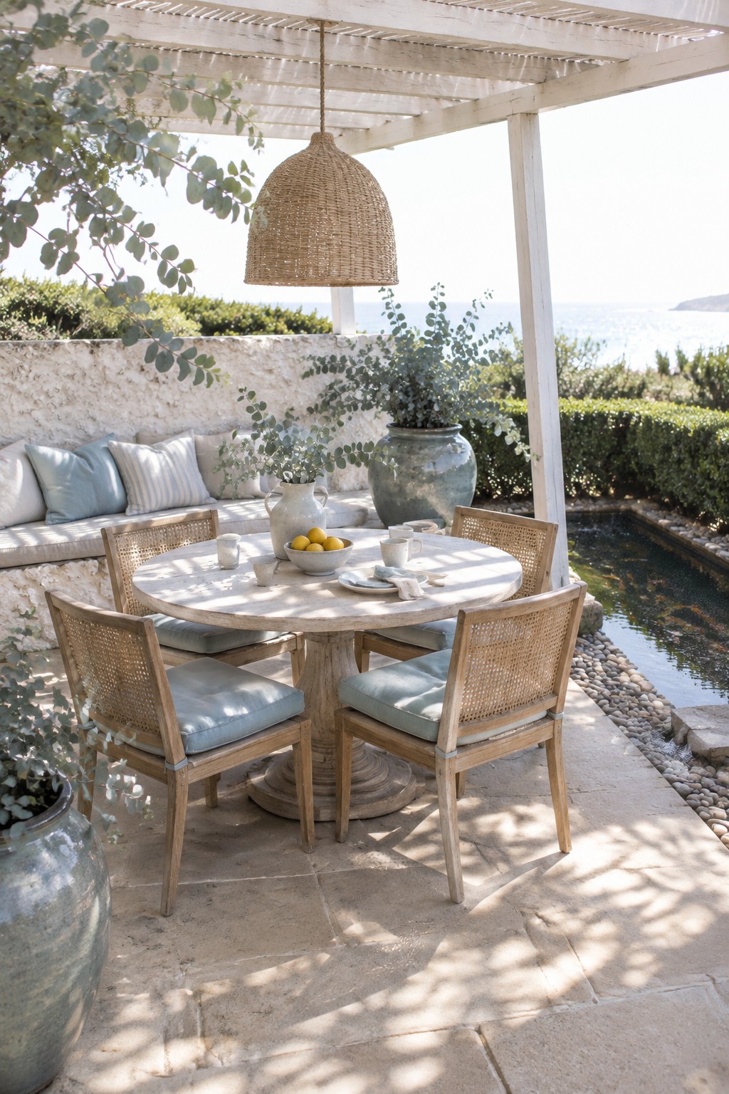 Round wooden table with cane chairs and blue cushions on sunny coastal patio
