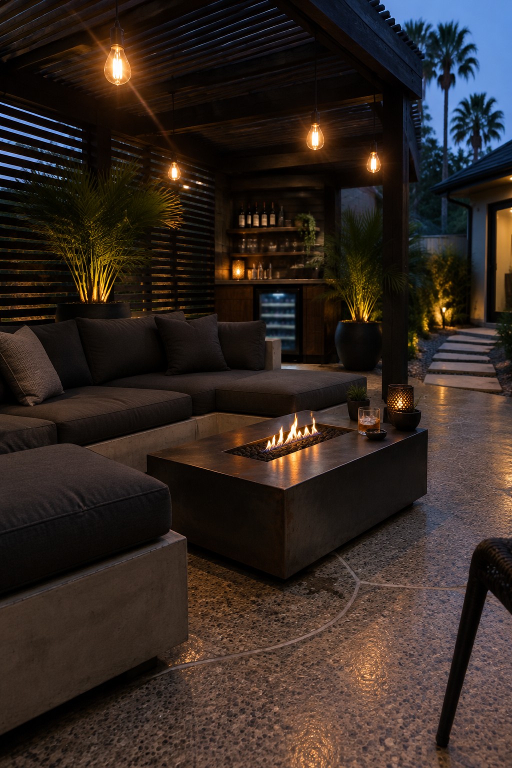 Nighttime photo of a covered outdoor patio with a dark wooden pergola, dark sectional sofa, rectangular concrete fire pit with flames, potted plants, and hanging light bulbs over a speckled concrete floor.
