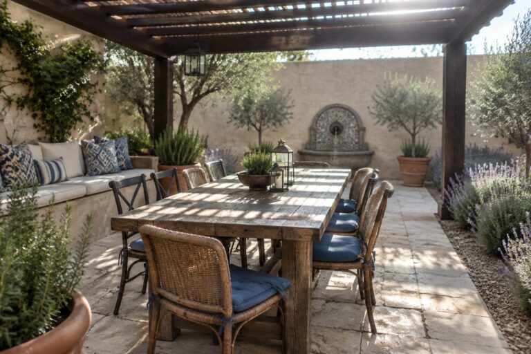 19 Creative Courtyard Wooden Pergola Ideas for Defined Outdoor Rooms A long wooden dining table with woven chairs arranged under a dark wooden pergola on a stone patio, with potted trees and a tiled fountain visible in the background.