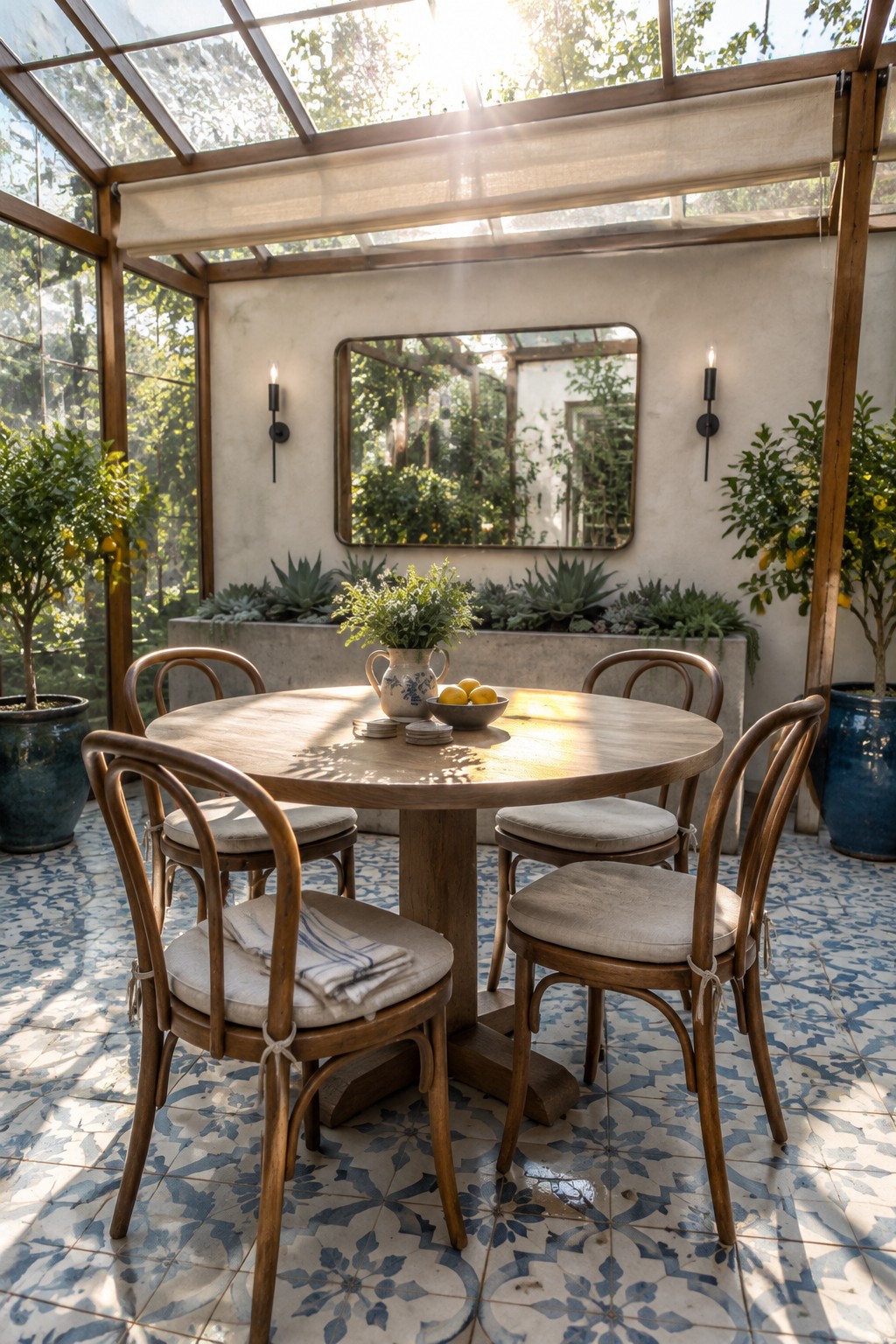 A round wooden dining table with four chairs under a wooden pergola with a glass roof, set on a blue and white patterned tile floor with potted plants and a wall mirror.