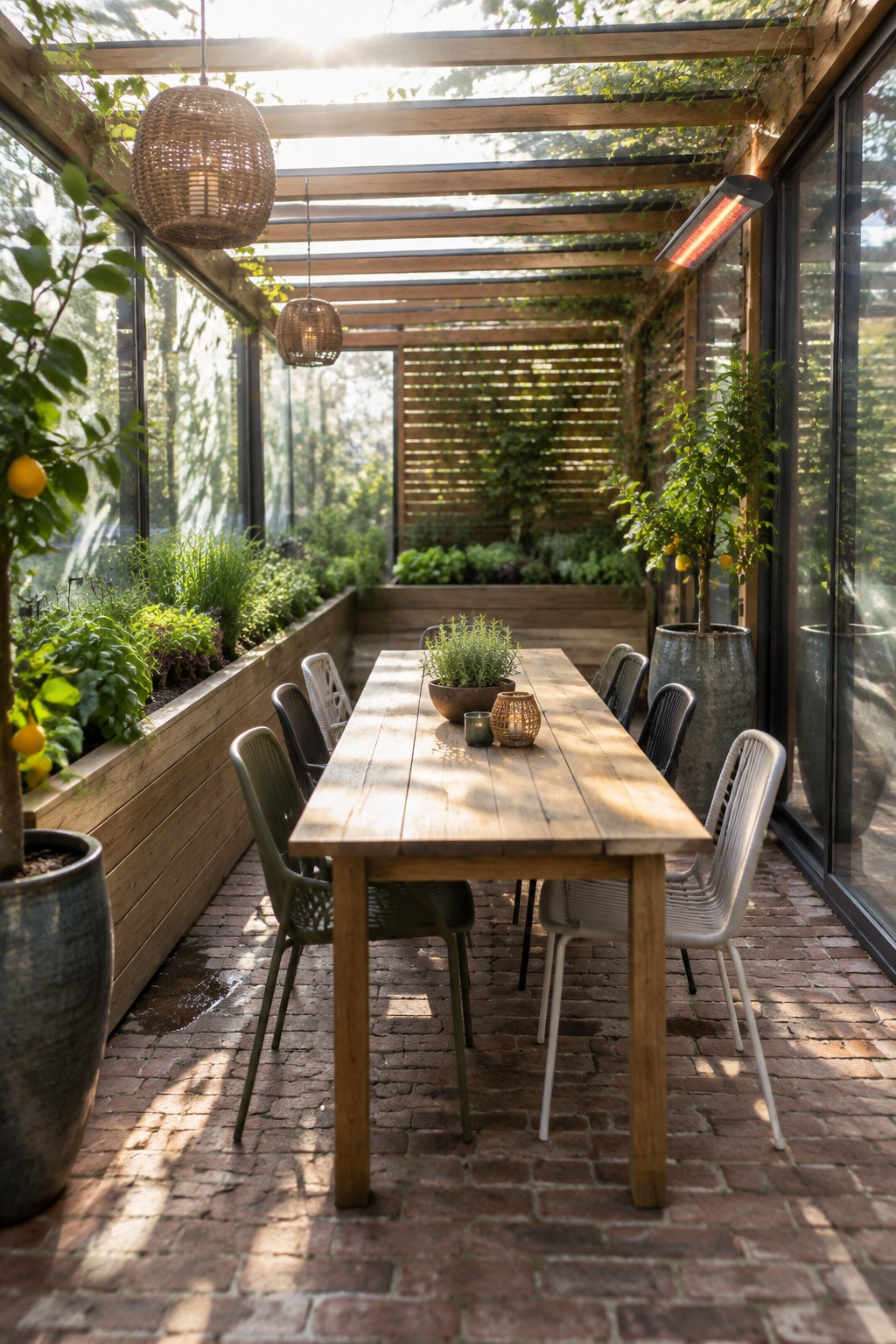 A long wooden dining table under a glass-walled pergola on a brick floor, with potted citrus trees, woven pendant lights, and mixed outdoor chairs.